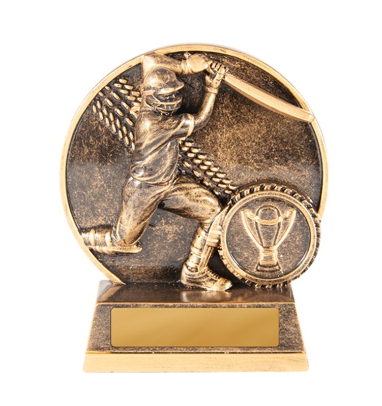 A bronze resin cricket trophy featuring a batsman in action with a blank gold engraving plate, ideal for Australian sports club awards.