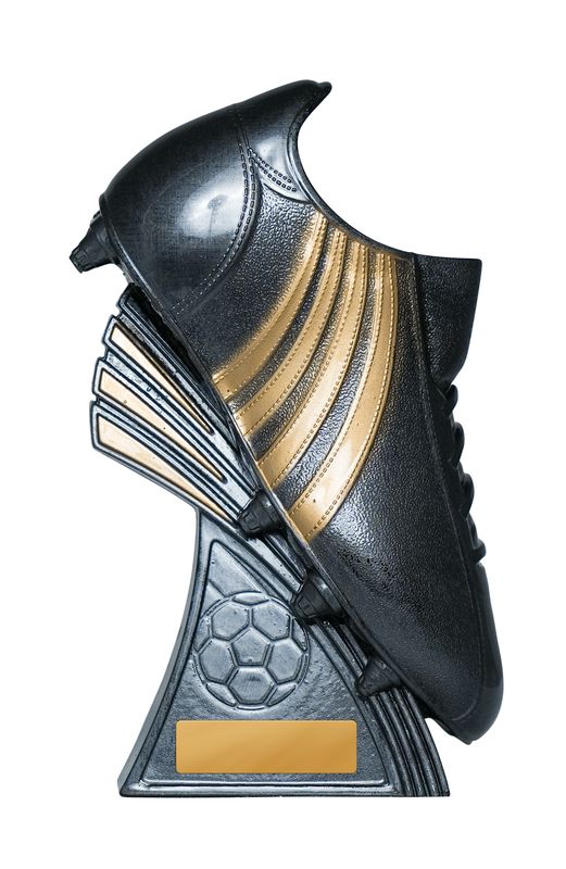 A detailed black and gold soccer boot trophy on a decorative base, showcasing the specific design details to look for when buying trophies online.