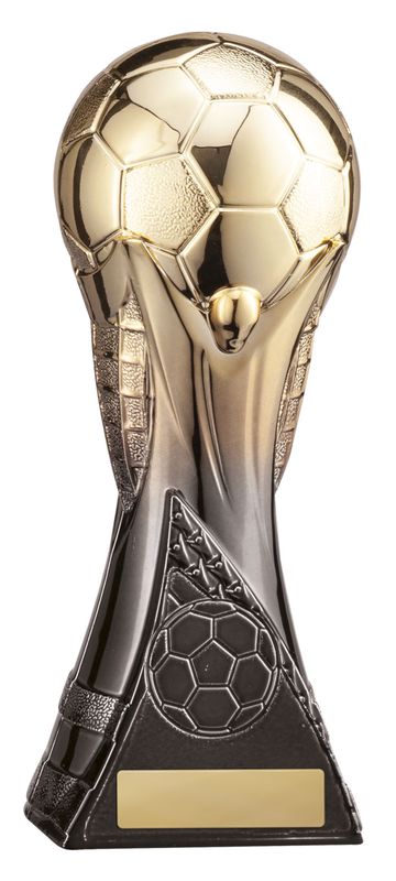 A gold soccer ball trophy mounted on a sweeping silver and black base, highlighting the variety of modern sports awards you can order online in Australia.