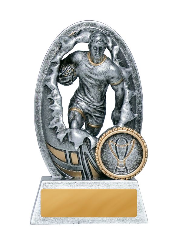 A silver resin rugby trophy showing a player with a ball, featuring a custom engraving plate perfect for local Australian rugby league presentations.