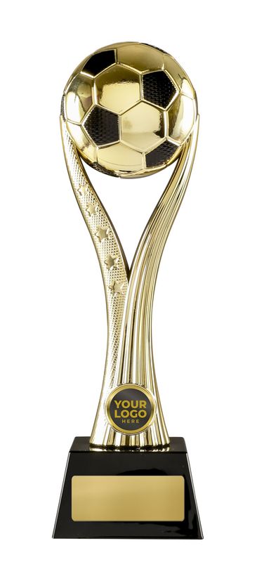 A tall, polished gold soccer trophy featuring a custom logo insert and a black base, demonstrating the high-quality finish to check for when purchasing awards online.