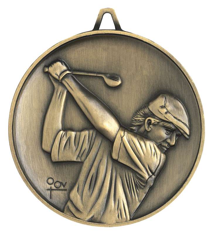 A detailed bronze golf medal depicting a classic golfer mid-swing, serving as an excellent recognition award for golf tournaments.