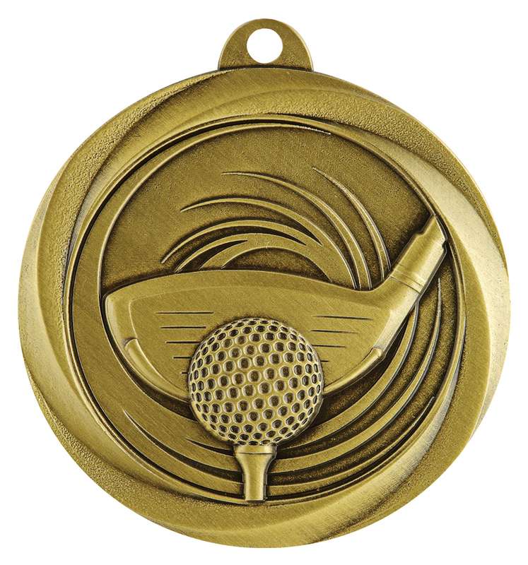 A gold-finished golf medal showing a driver making contact with a golf ball, celebrating achievement and success on the golf course.